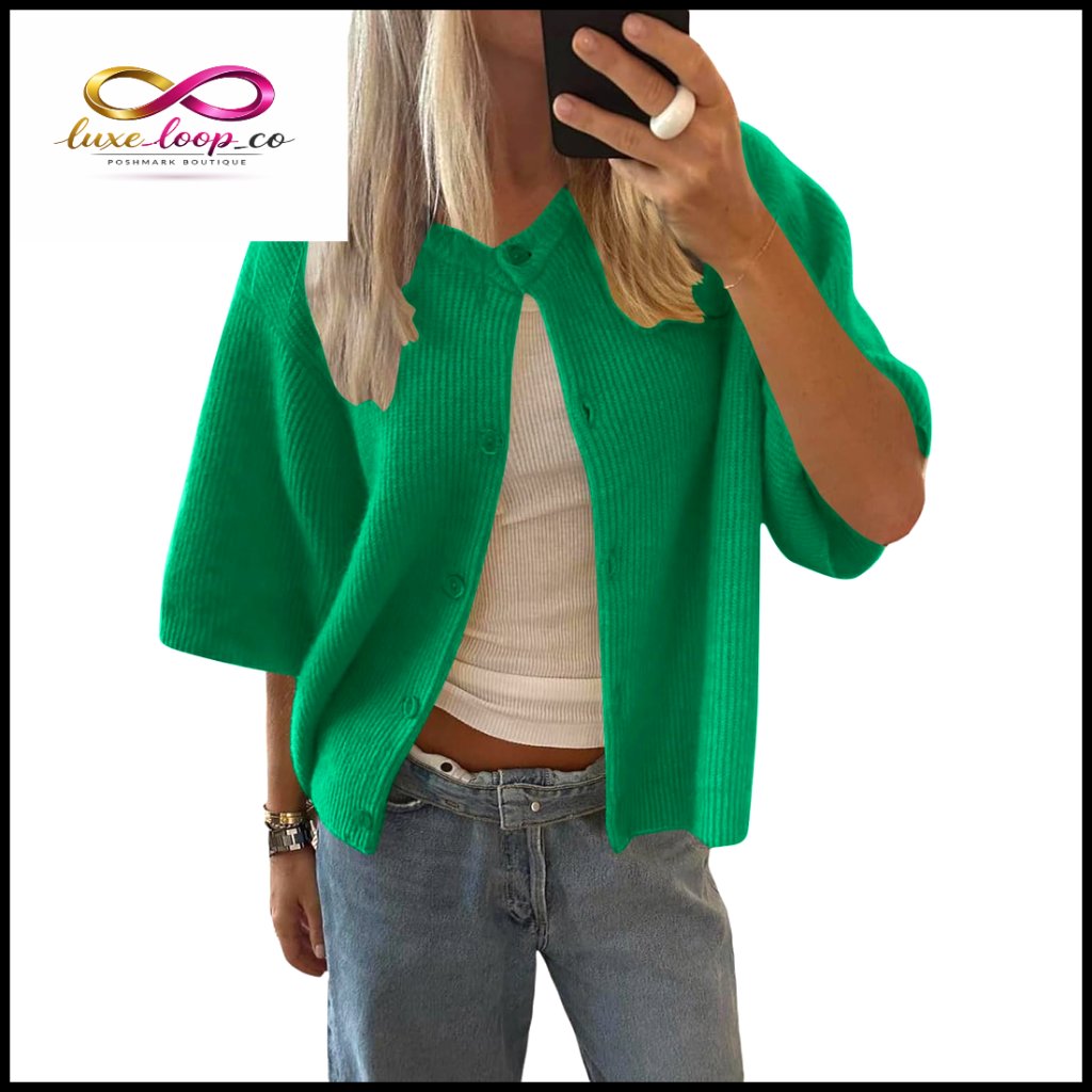 Lightweight Knit Cardigan Short Sleeve Crew Neck Button Down Spring Summer